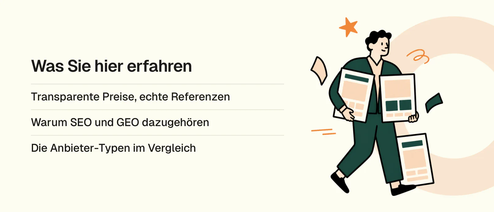 Was Sie hier erfahren: Transparente Preise, echte Referenzen, Warum SEO und GEO dazugehören, Die Anbieter-Typen im Vergleich