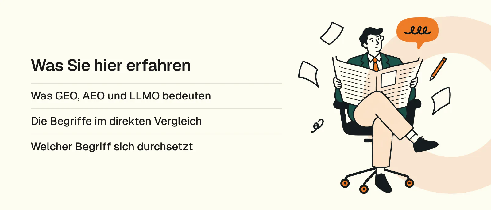 Was Sie hier erfahren: Was GEO, AEO und LLMO bedeuten, Die Begriffe im direkten Vergleich, Welcher Begriff sich durchsetzt