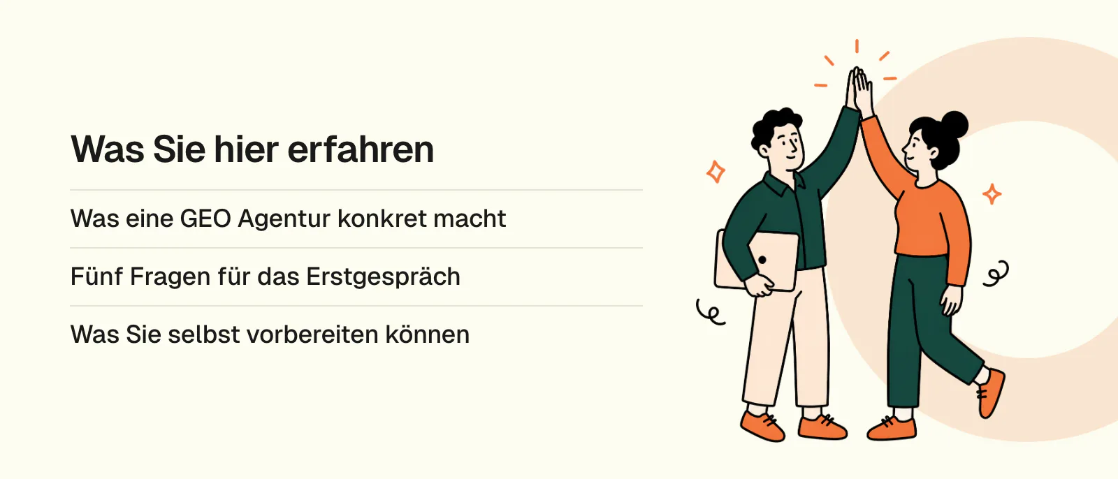 Was Sie hier erfahren: Was eine GEO Agentur konkret macht, Fünf Fragen für das Erstgespräch, Was Sie selbst vorbereiten können