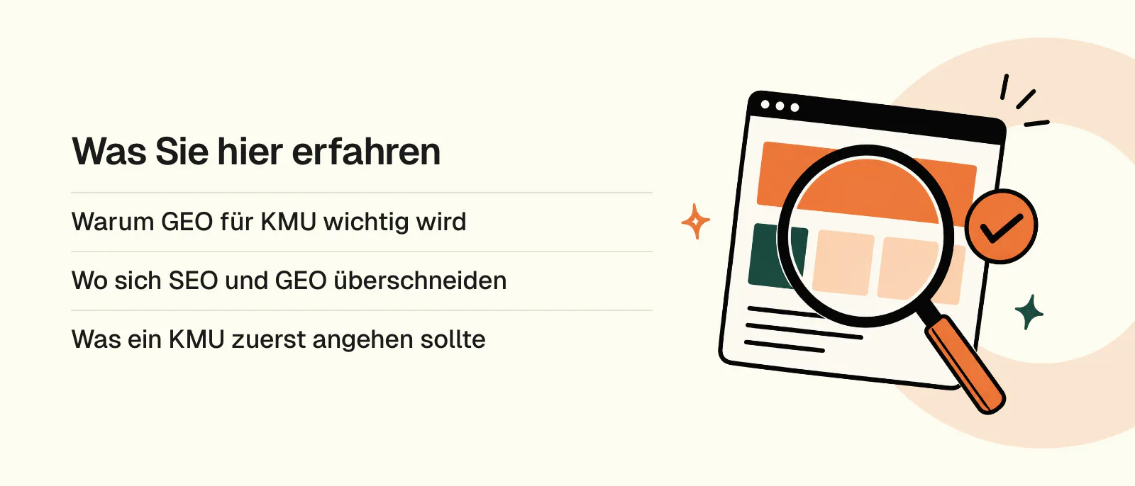 Was Sie hier erfahren: Warum GEO für KMU wichtig wird, Wo sich SEO und GEO überschneiden, Was ein KMU zuerst angehen sollte