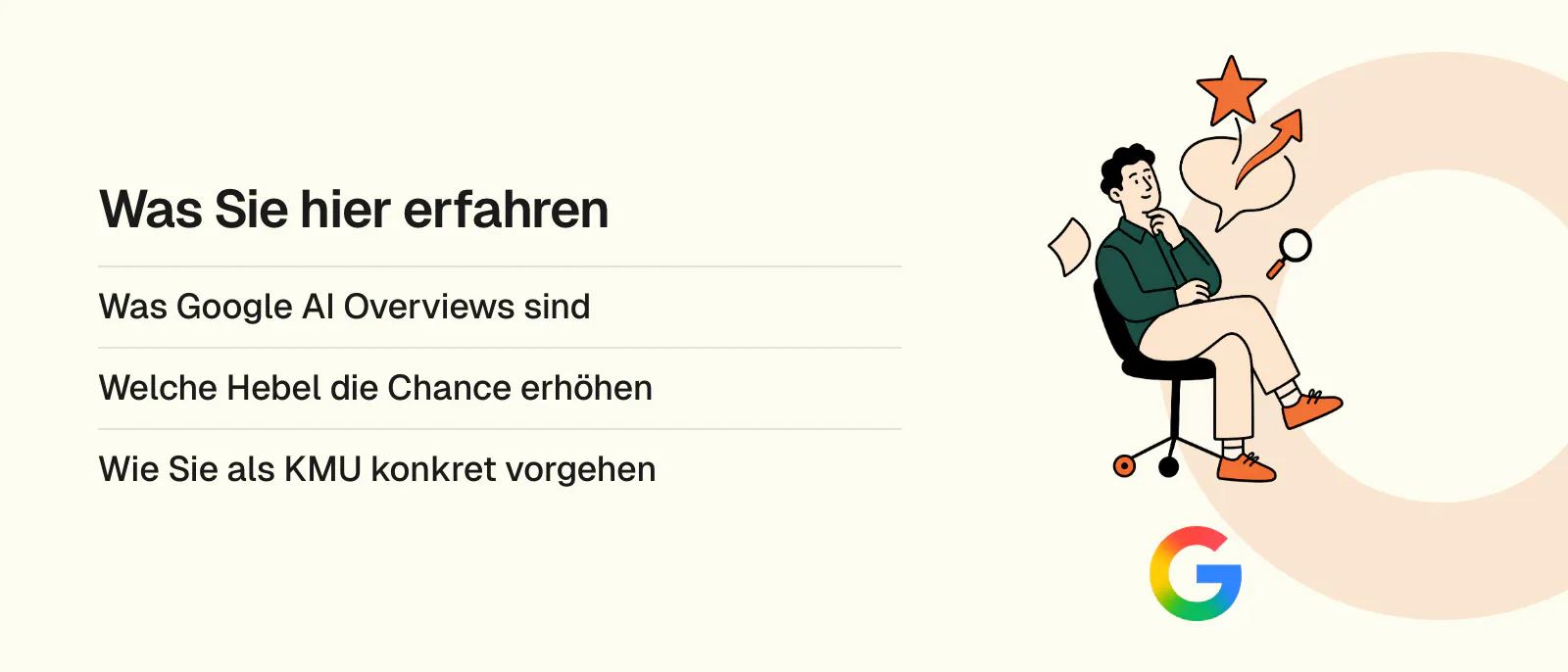 Was Sie hier erfahren: Was Google AI Overviews sind, Welche Hebel die Chance erhöhen, Wie Sie als KMU konkret vorgehen. Logos: Google