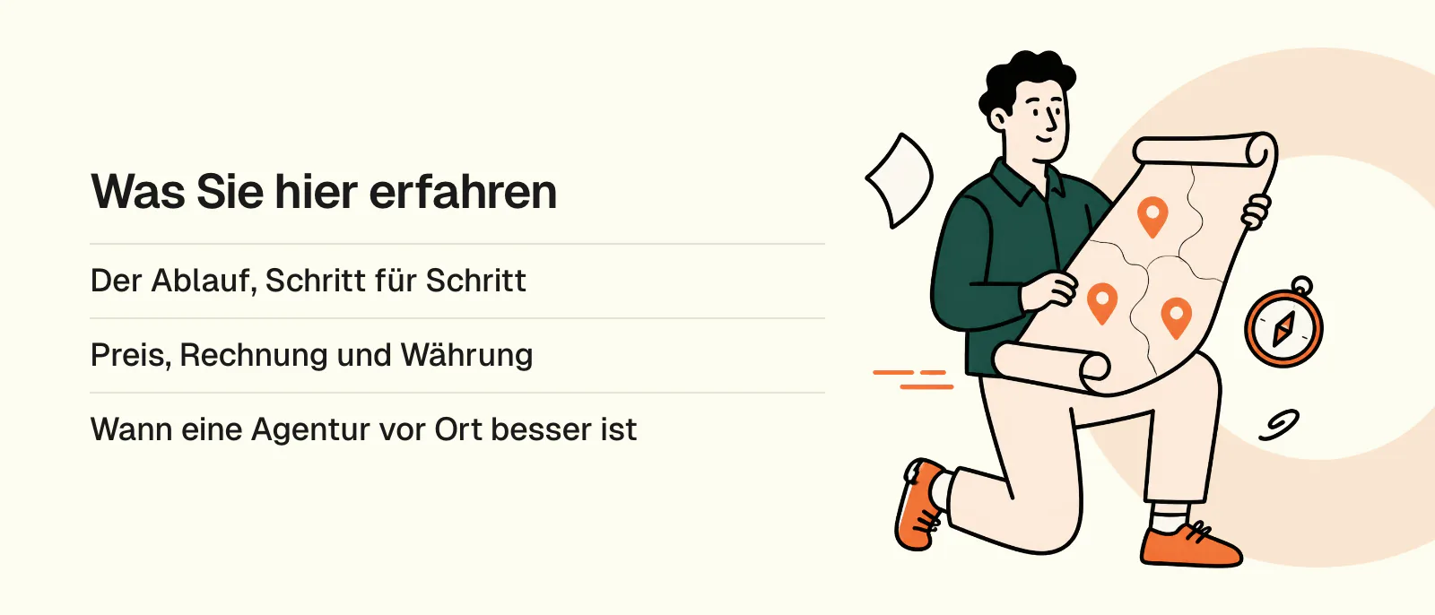 Was Sie hier erfahren: Der Ablauf, Schritt für Schritt, Preis, Rechnung und Währung, Wann eine Agentur vor Ort besser ist
