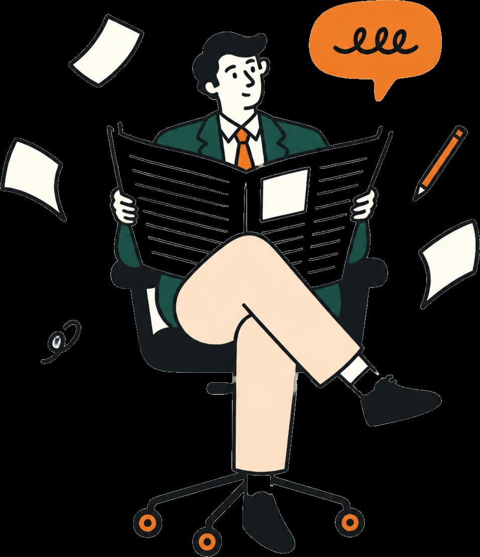 Illustration: Person liest Zeitung auf einem Bürostuhl