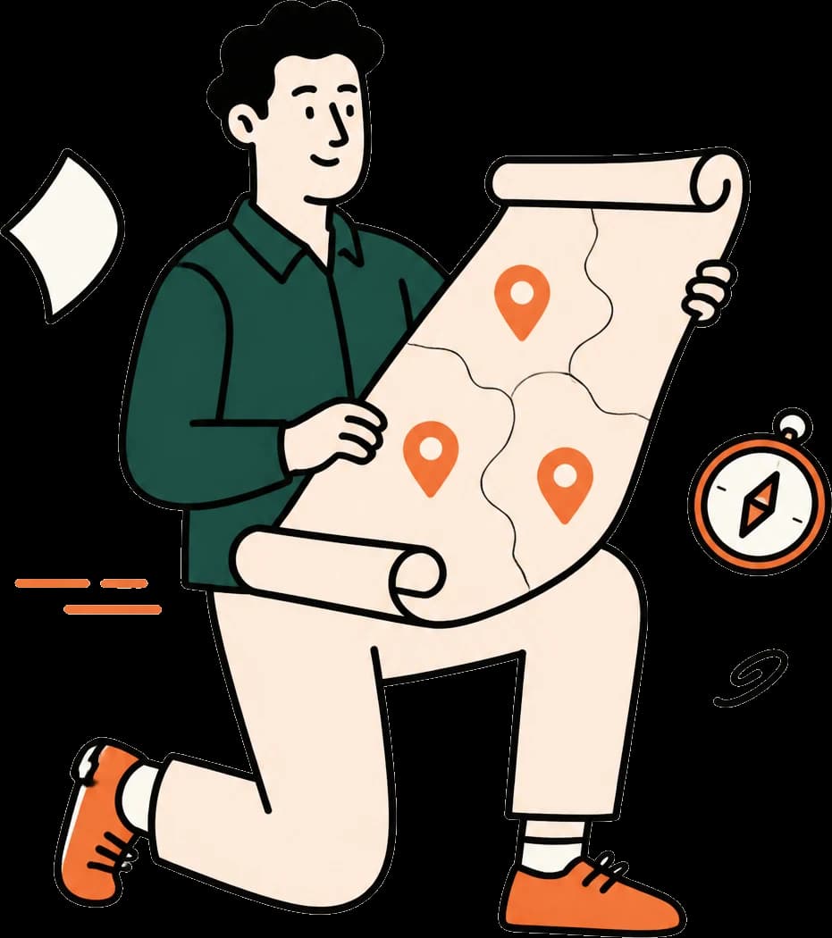 Illustration: Person mit Landkarte und Standort-Pins