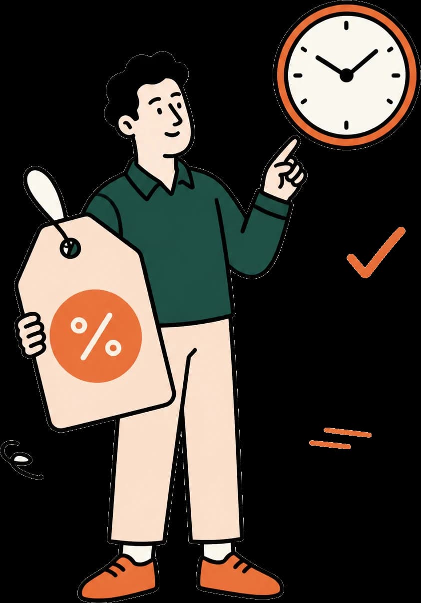Illustration: Person mit Preisschild und Uhr