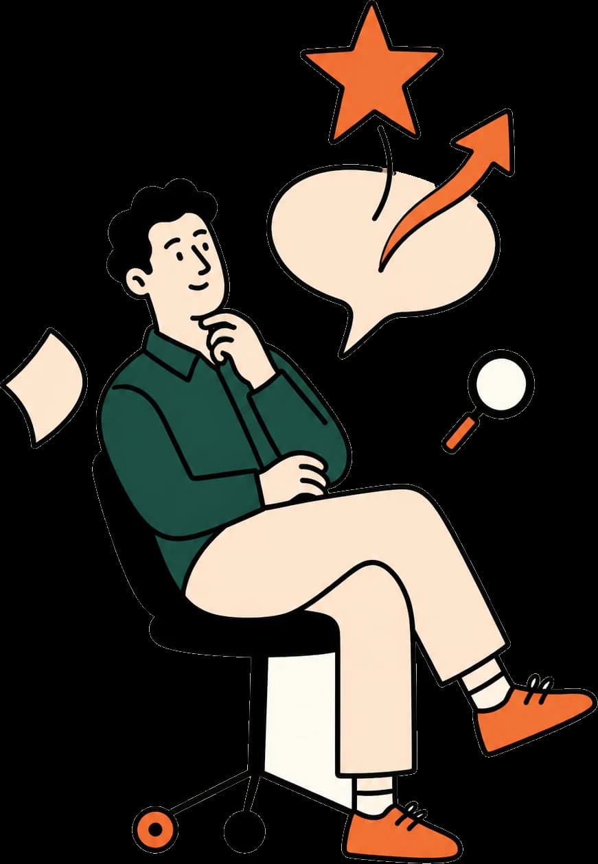 Illustration: Person mit Sprechblase, Stern und Pfeil nach oben