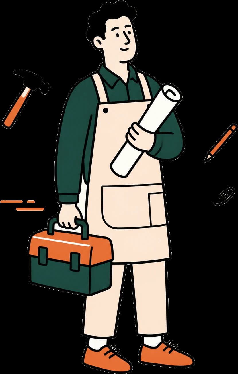 Illustration: Person mit Werkzeugkiste und Plan