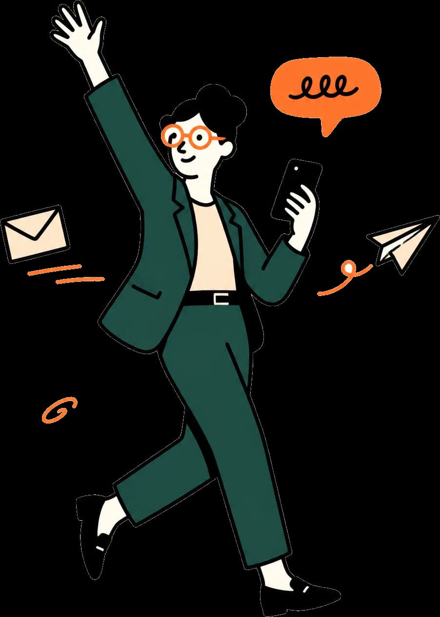 Illustration: Person winkt mit Telefon, Sprechblase, Briefumschlag und Papierflieger