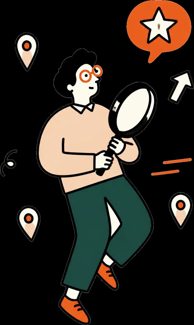 Illustration: Person mit Lupe, Sprechblase mit Stern und Standort-Pins