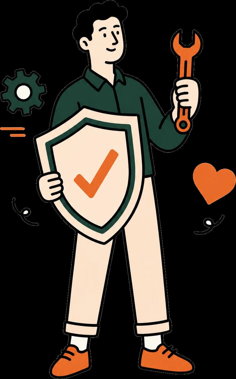 Illustration: Person mit Schutzschild und Werkzeug