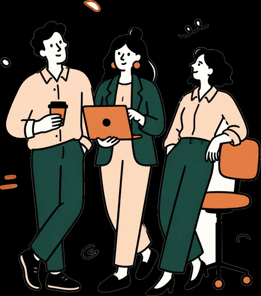 Illustration: drei Personen im Gespräch mit Laptop und Kaffee