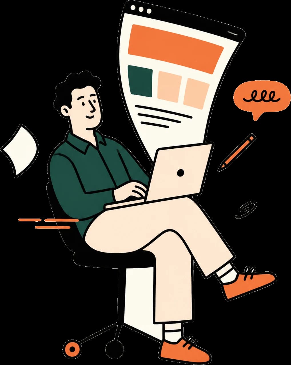 Illustration: Person am Laptop, aus dem ein Browserfenster mit Website aufsteigt