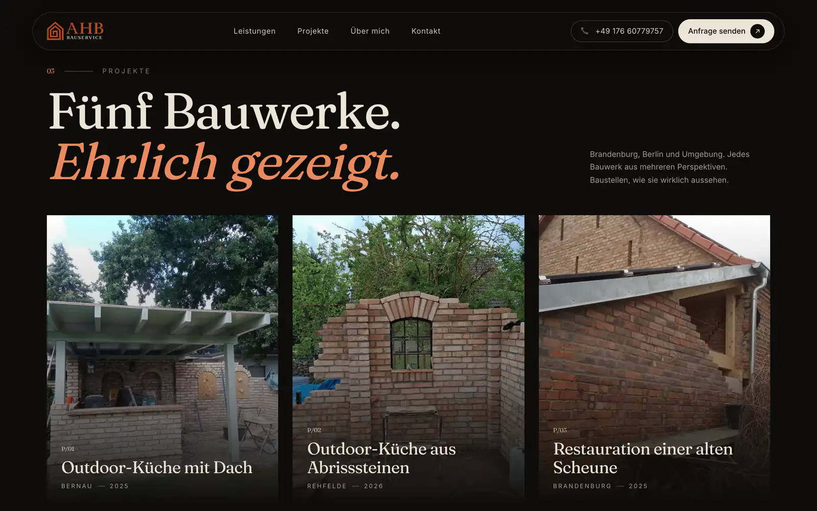 AHB Bauservice: «Fünf Bauwerke. Ehrlich gezeigt.» mit den Karten der Outdoor-Küchen in Bernau und Rehfelde und der Restauration einer alten Scheune