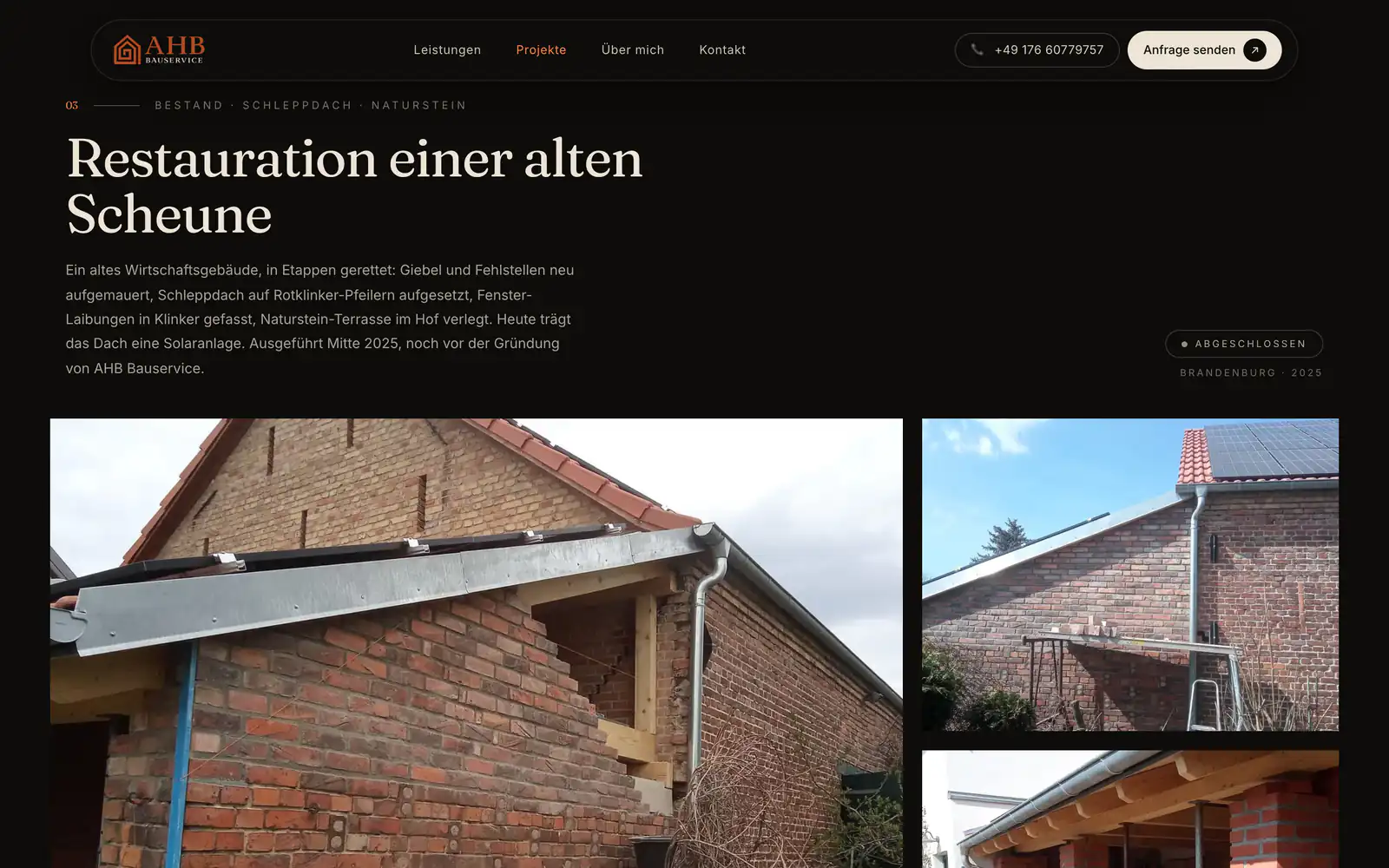 AHB Bauservice: Projektseite zur Restauration einer alten Scheune mit Text, Stand «Abgeschlossen» und den ersten Fotos der Galerie
