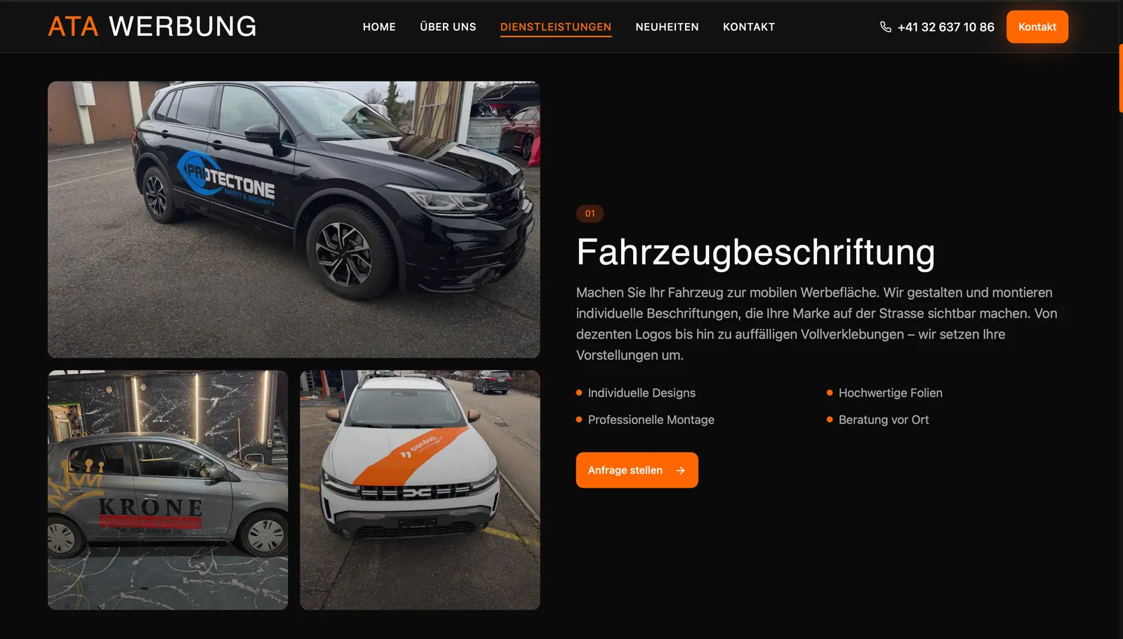 ATA Werbung: Dienstleistungen mit dem Bereich Fahrzeugbeschriftung und drei beschrifteten Autos aus der Werkstatt