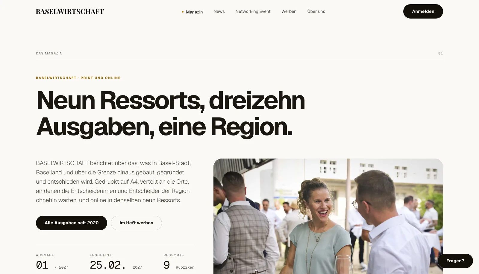BASELWIRTSCHAFT: Das Magazin mit «Neun Ressorts, dreizehn Ausgaben, eine Region.» und dem Knopf zu allen Ausgaben seit 2020