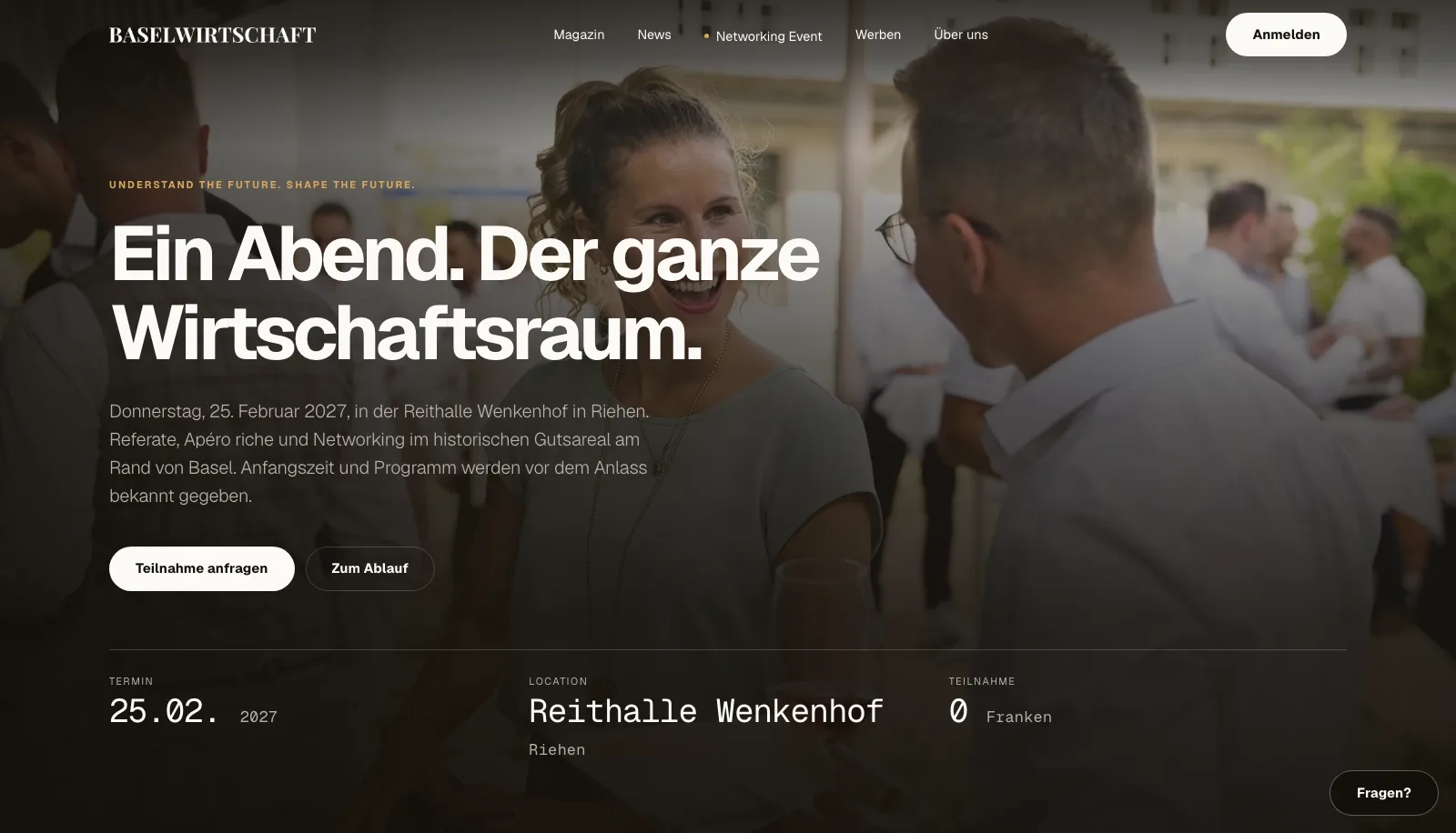 BASELWIRTSCHAFT: Der Networking-Anlass am 25. Februar 2027 in der Reithalle Wenkenhof in Riehen mit dem Knopf Teilnahme anfragen