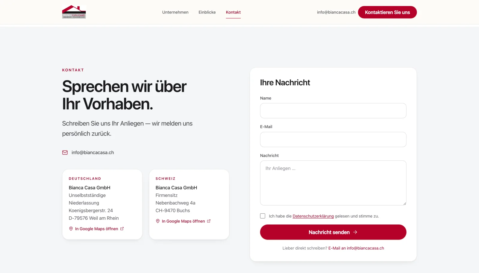 Bianca Casa: Kontakt mit den Standorten Buchs und Weil am Rhein und dem Formular «Ihre Nachricht»
