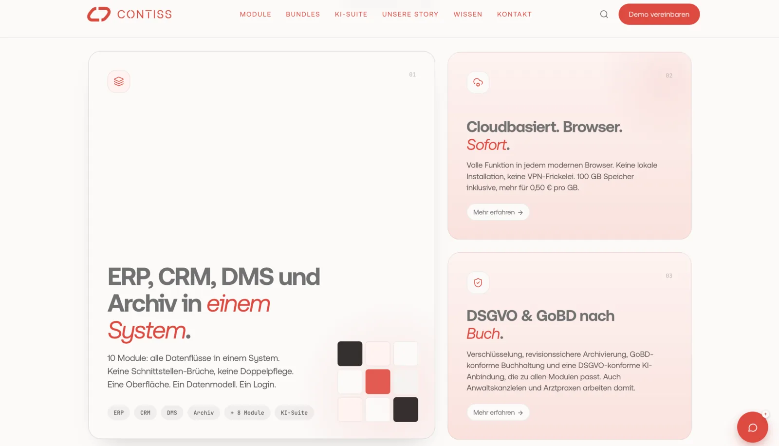 CONTISS: «ERP, CRM, DMS und Archiv in einem System.» mit den Kacheln Cloudbasiert und DSGVO & GoBD