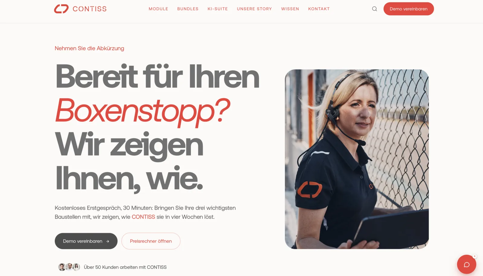 CONTISS: Kontakt mit «Bereit für Ihren Boxenstopp? Wir zeigen Ihnen, wie.» und den Knöpfen Demo vereinbaren und Preisrechner