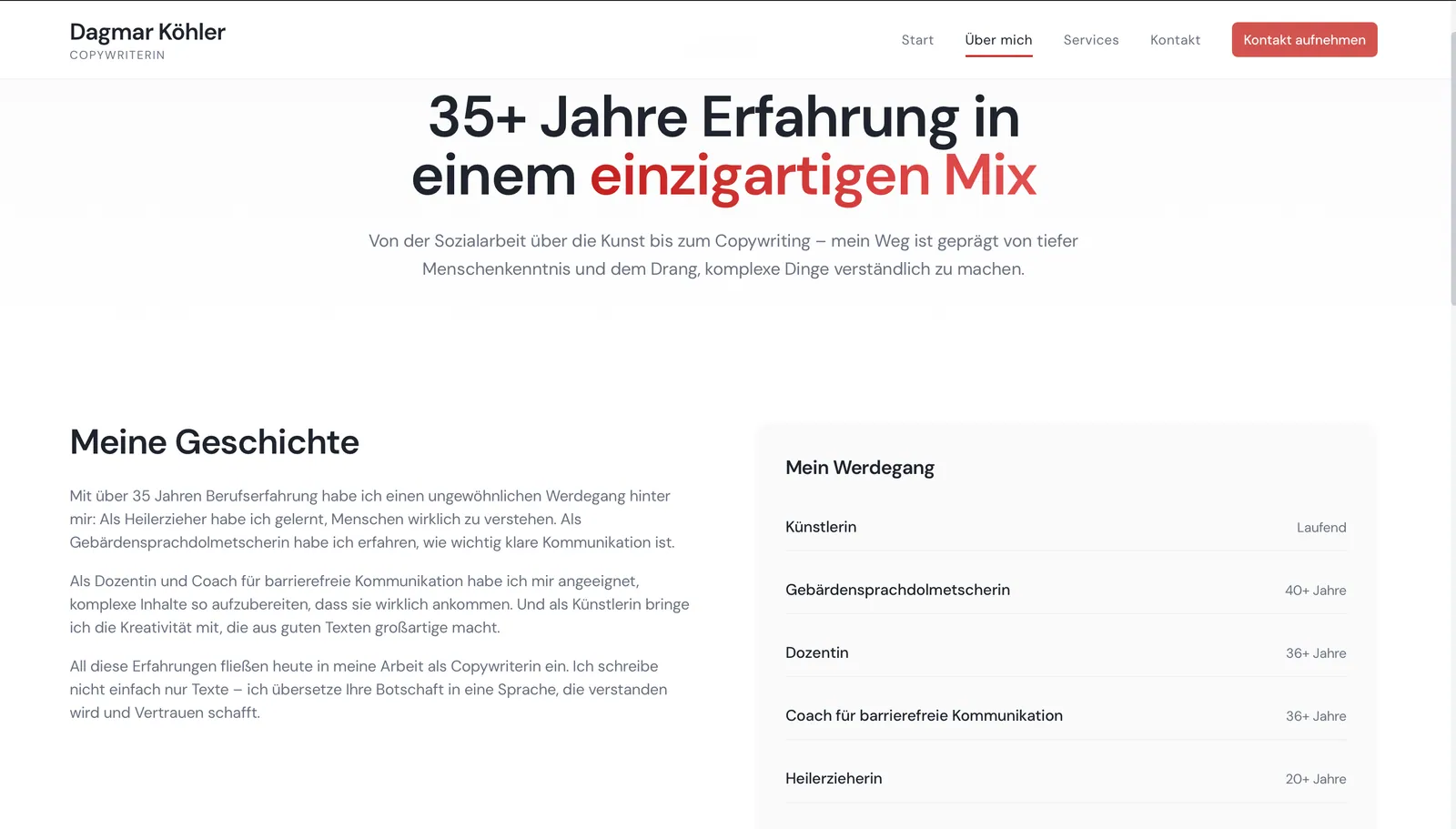Dagmar Köhler: Über mich mit «Meine Geschichte» und der Liste «Mein Werdegang» von Künstlerin bis Heilerzieherin