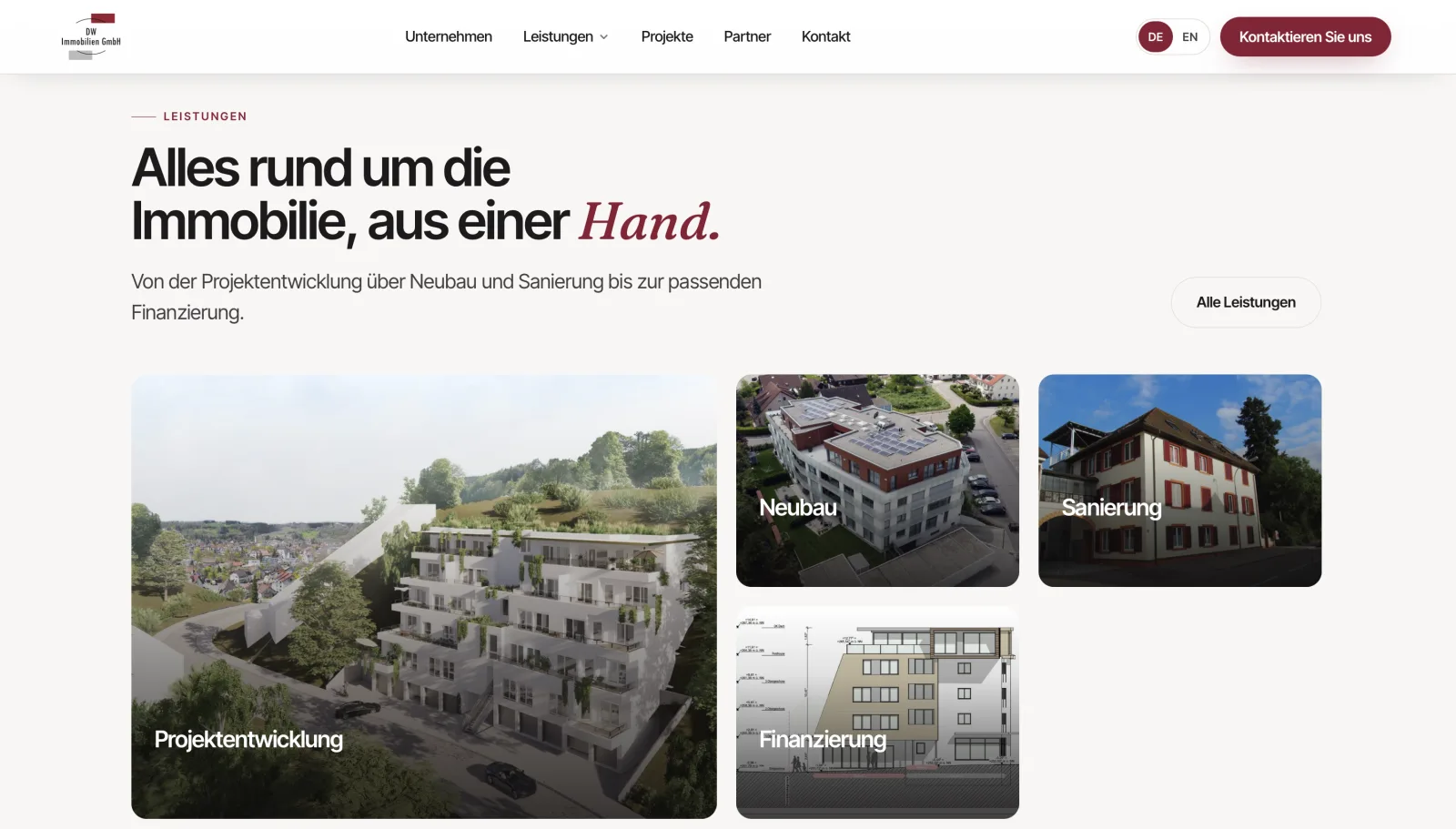DW Immobilien: «Alles rund um die Immobilie, aus einer Hand.» mit den Kacheln Projektentwicklung, Neubau, Sanierung und Finanzierung