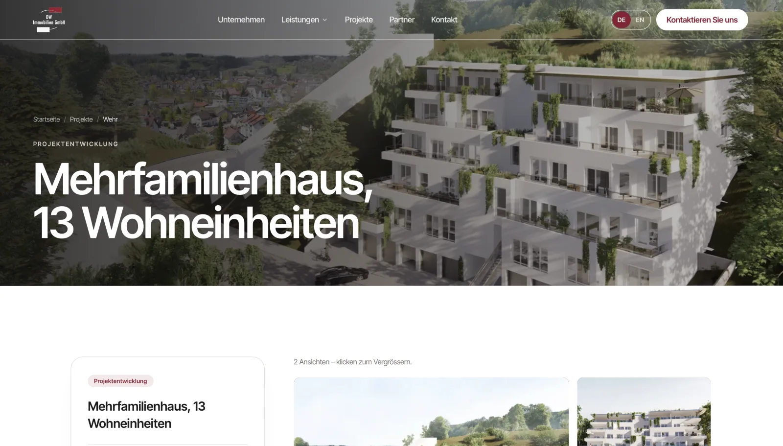 DW Immobilien: Projektseite Wehr, Mehrfamilienhaus mit 13 Wohneinheiten, mit Rendering und Ansichten