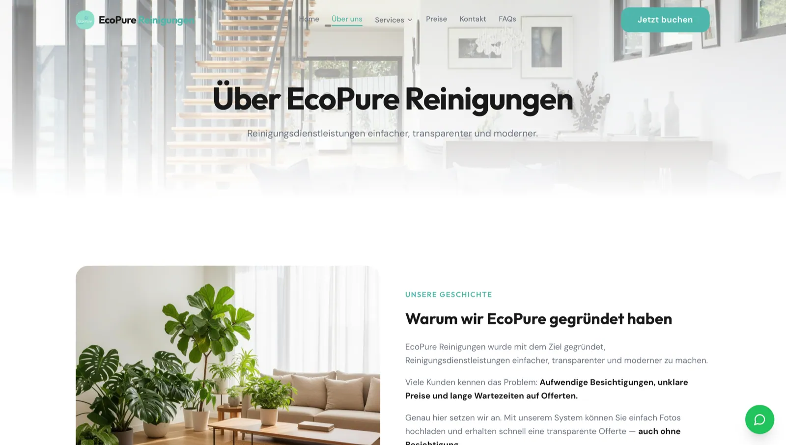 EcoPure Reinigungen: «Über EcoPure Reinigungen» und «Warum wir EcoPure gegründet haben» neben einem hellen Wohnzimmer mit Pflanzen