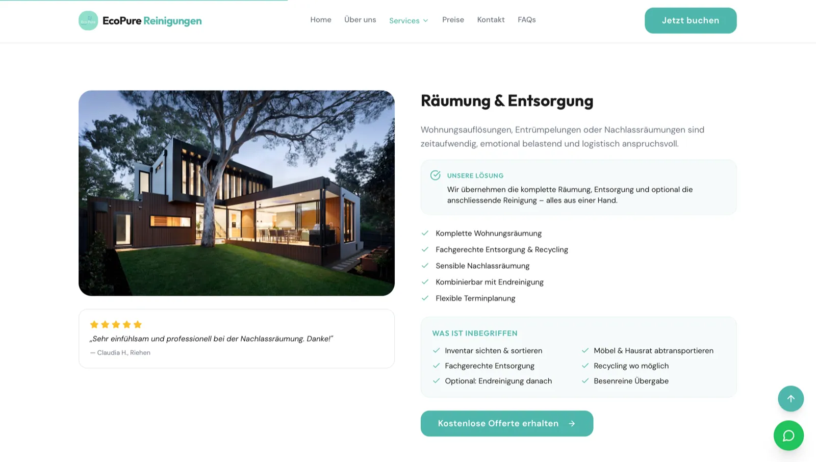 EcoPure Reinigungen: Leistungsseite «Räumung & Entsorgung» mit der Liste, was inbegriffen ist, bis zur besenreinen Übergabe