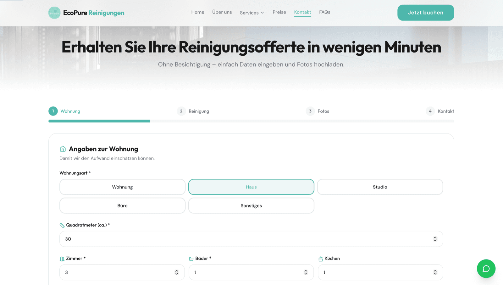EcoPure Reinigungen: Offertformular mit den Schritten Wohnung, Reinigung, Fotos und Kontakt, geöffnet bei den Angaben zur Wohnung