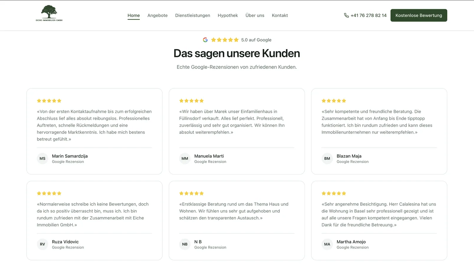 Eiche Immobilien: «Das sagen unsere Kunden» mit Google-Bewertungen und 5.0 Sternen