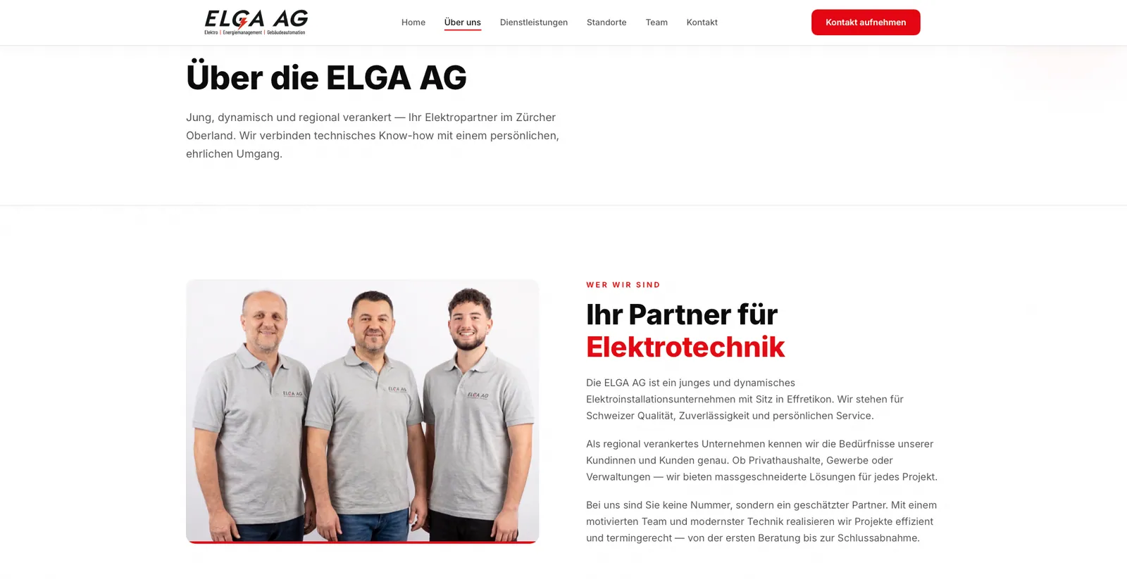 ELGA AG: «Über die ELGA AG» mit einem Foto von drei Männern aus dem Team in grauen Firmenshirts und dem Abschnitt «Ihr Partner für Elektrotechnik»