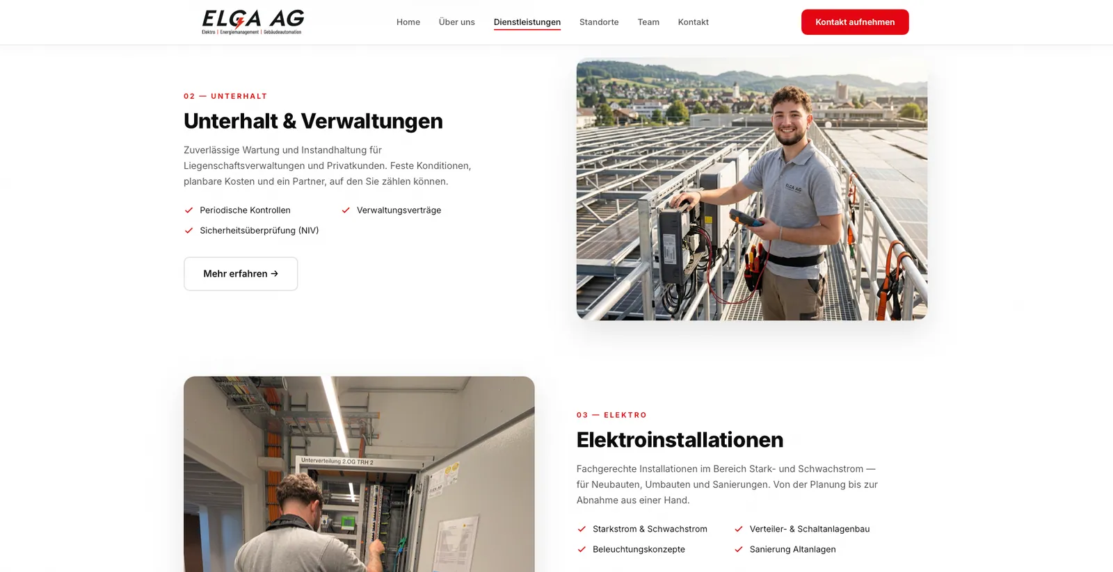 ELGA AG: Dienstleistungen mit Unterhalt und Verwaltungen, daneben ein Monteur an einer Photovoltaikanlage auf dem Dach, darunter Elektroinstallationen