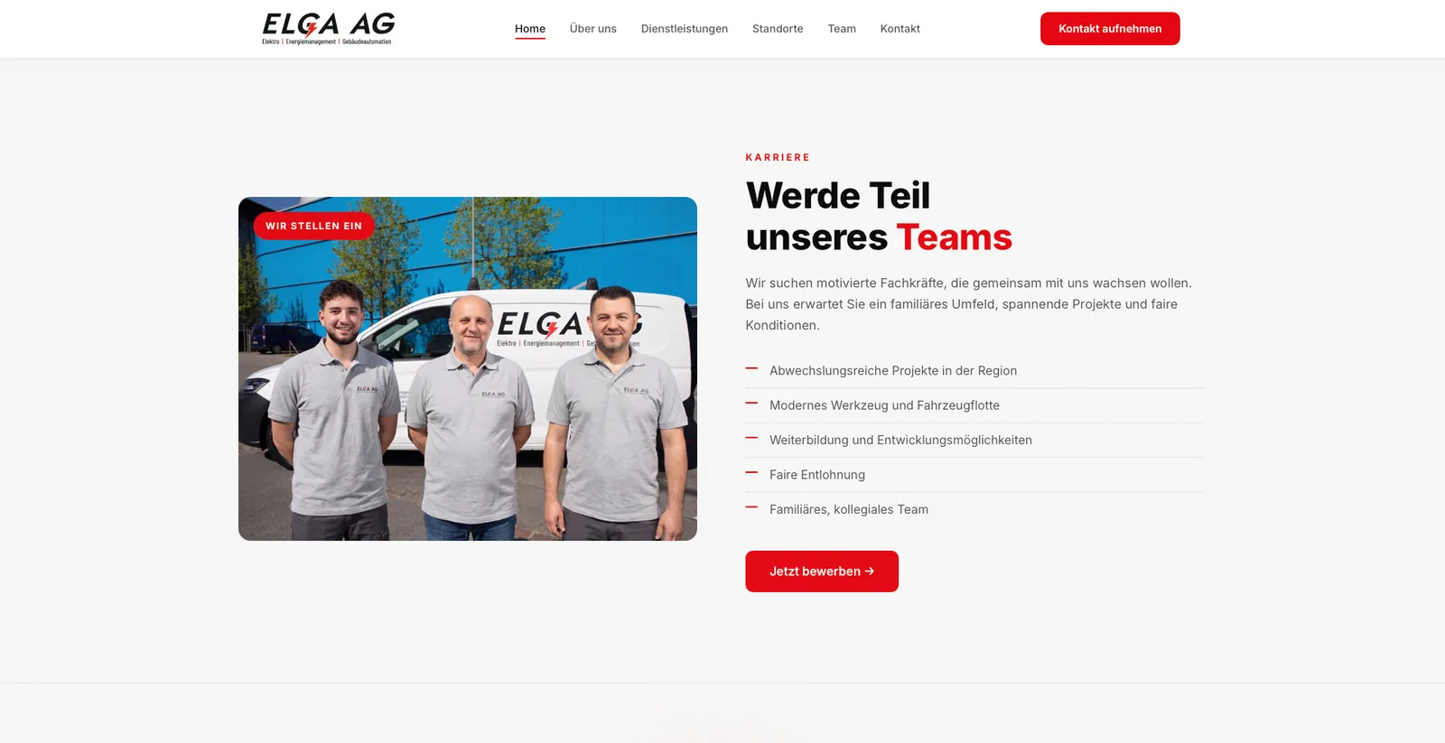 ELGA AG: Karriere mit «Werde Teil unseres Teams» und drei Männern aus dem Team vor einem Servicefahrzeug