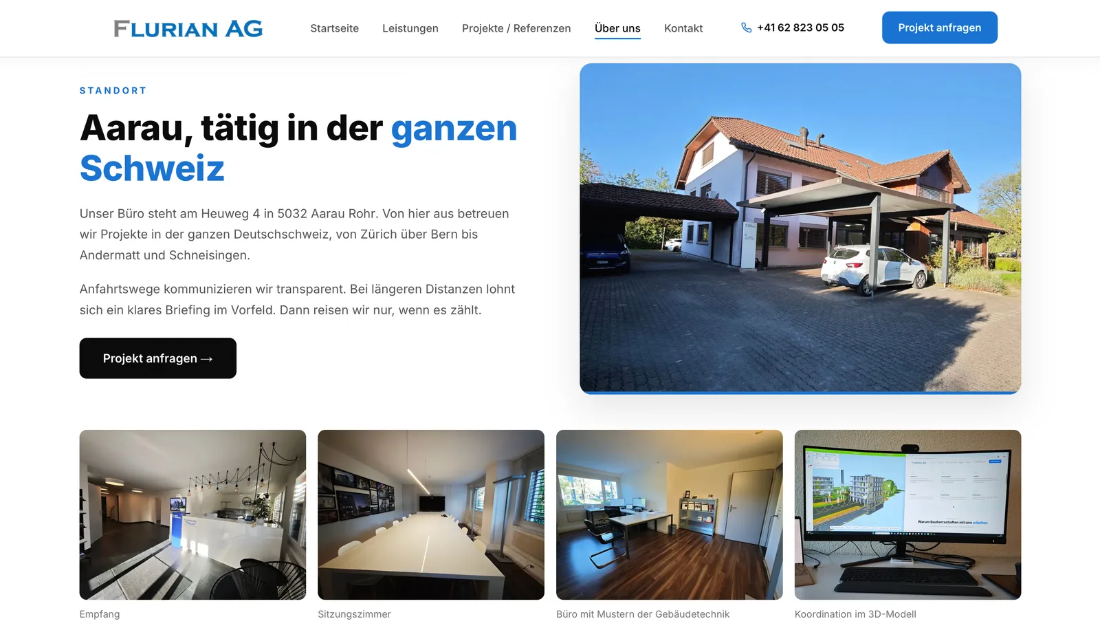 Flurian AG: Standort Aarau mit dem Bürogebäude am Heuweg, darunter Fotos von Empfang, Sitzungszimmer, Büro und Koordination im 3D-Modell
