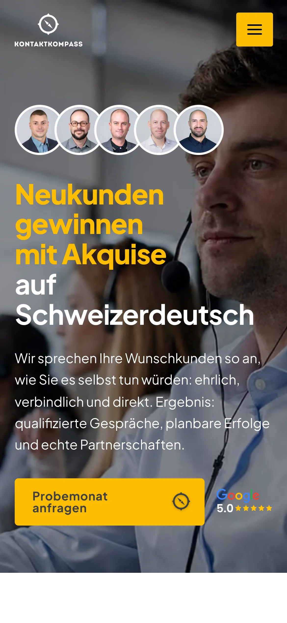 Kontaktkompass am Handy: Startseite mit «Neukunden gewinnen mit Akquise auf Schweizerdeutsch», den Porträts des Teams und dem Knopf «Probemonat anfragen»