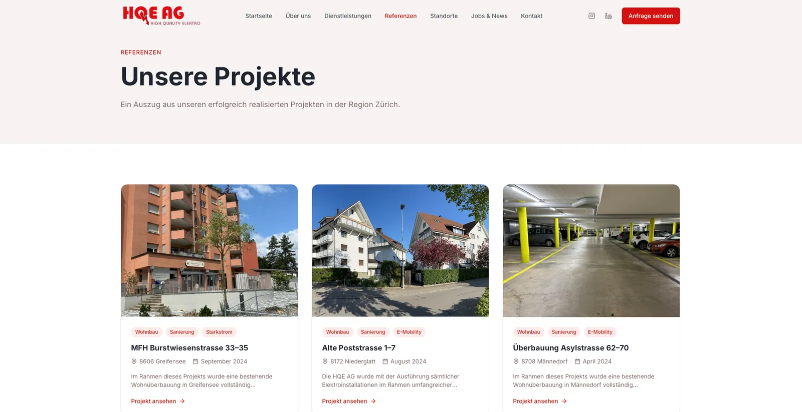 HQE AG: Referenzen «Unsere Projekte» mit Karten zu Aufträgen in Greifensee, Niederglatt und Männedorf
