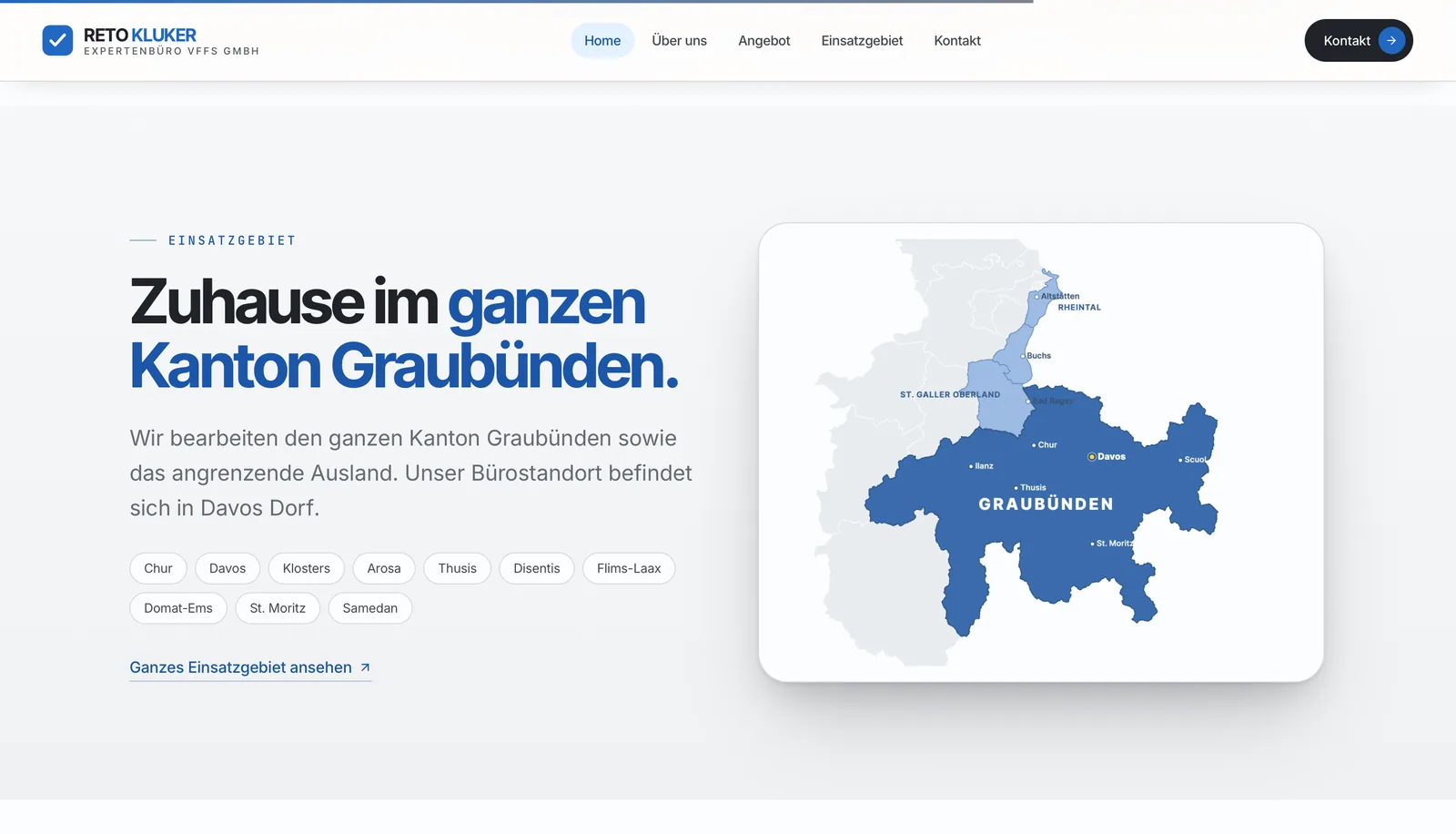 Kluker Expert: Einsatzgebiet «Zuhause im ganzen Kanton Graubünden.» mit Kantonskarte und Orten von Chur bis Samedan