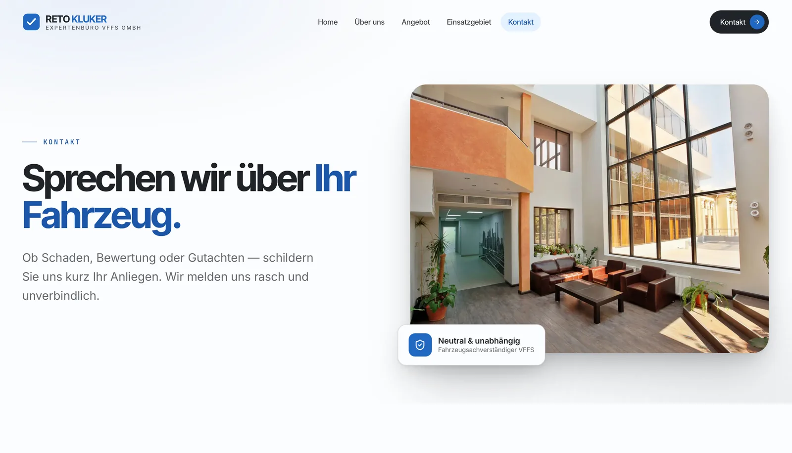 Kluker Expert: Kontaktseite «Sprechen wir über Ihr Fahrzeug.» mit der Karte «Neutral & unabhängig»