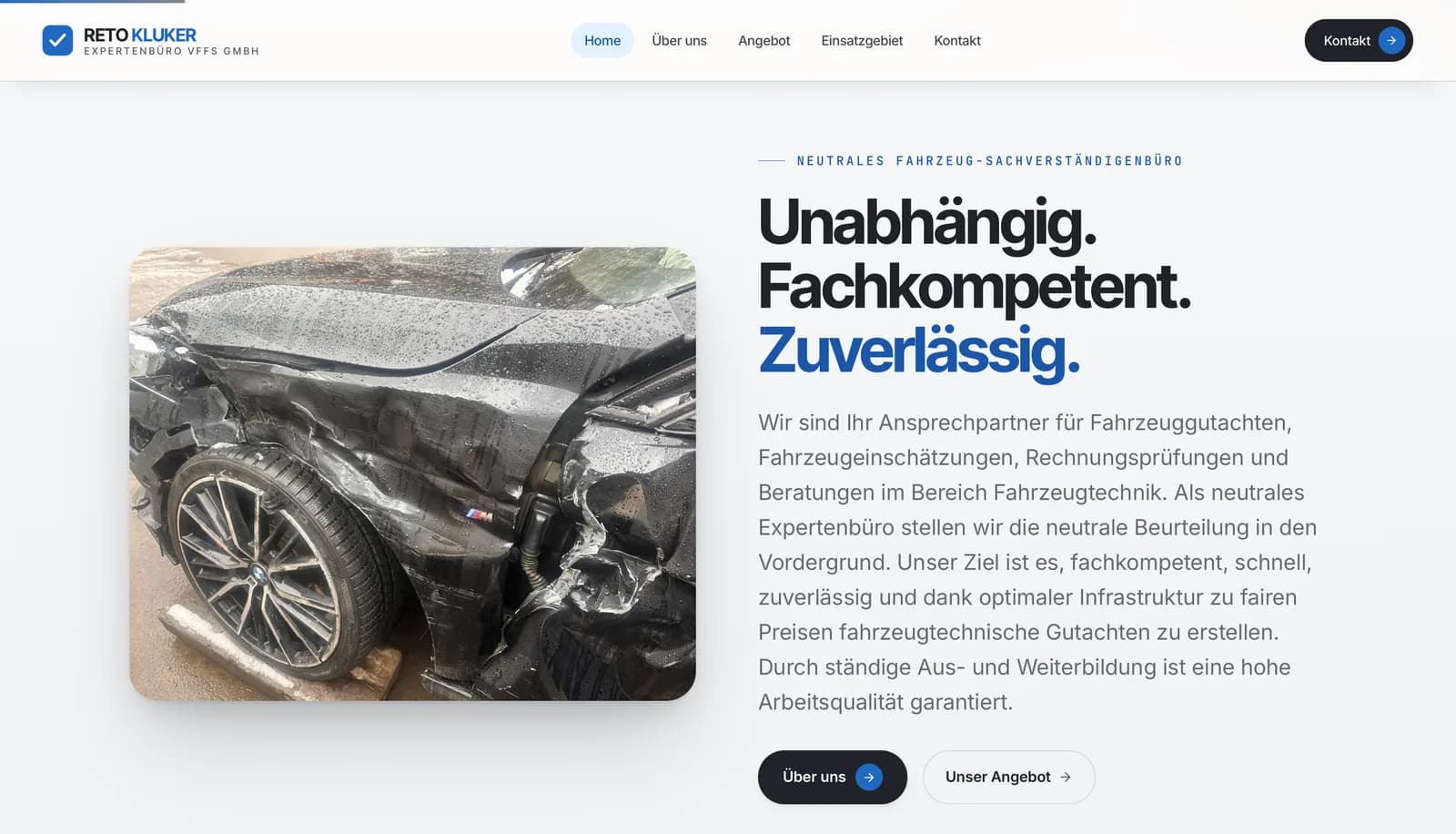 Kluker Expert: «Unabhängig. Fachkompetent. Zuverlässig.» neben dem Foto eines beschädigten Wagens