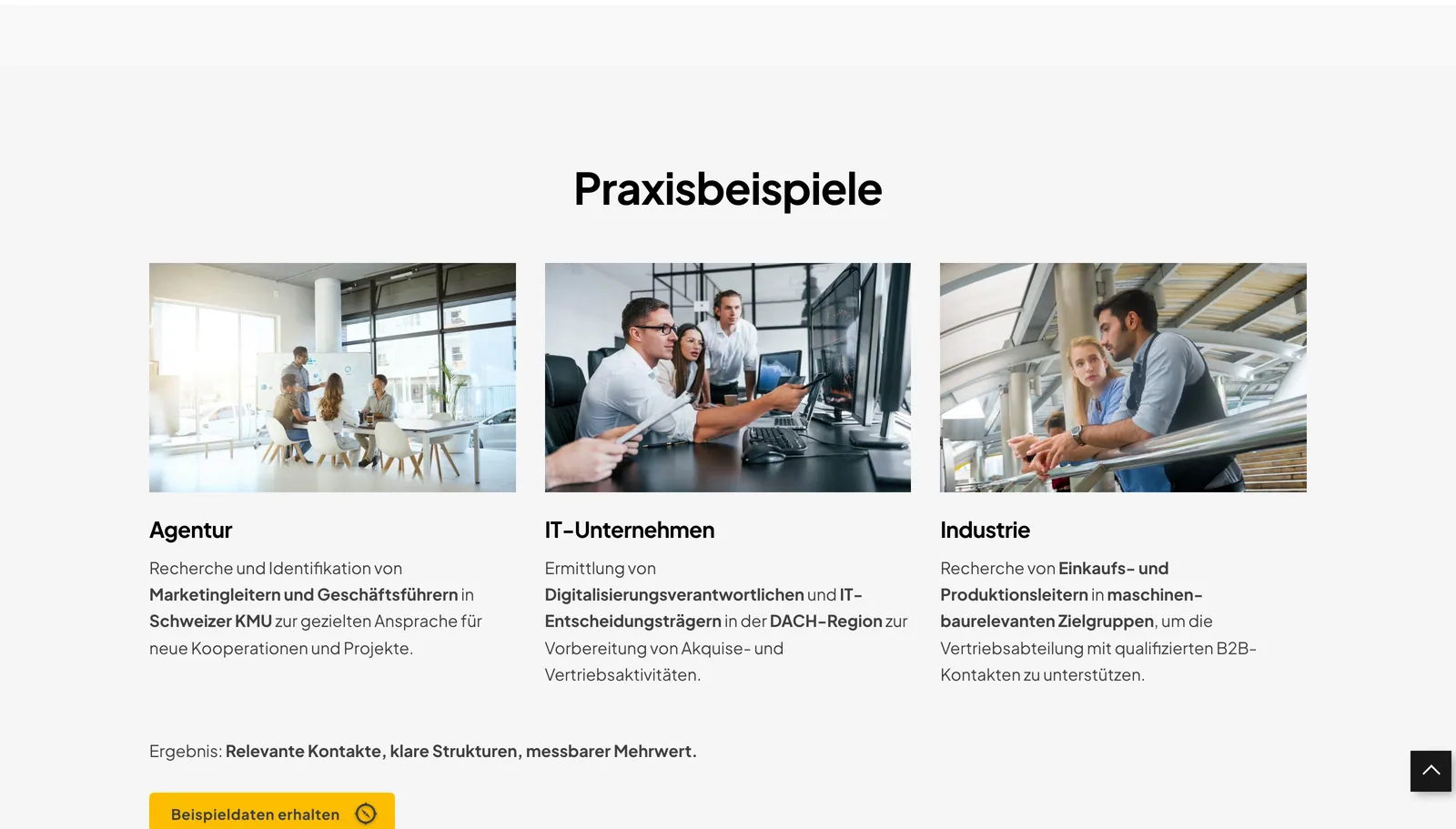 Kontaktkompass: Praxisbeispiele für Agenturen, IT-Unternehmen und Industrie mit dem Knopf «Beispieldaten erhalten»
