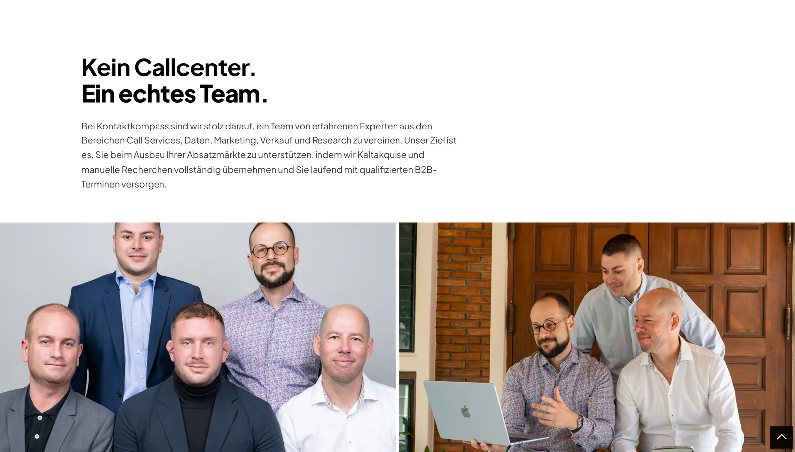 Kontaktkompass: Teamseite «Kein Callcenter. Ein echtes Team.» mit zwei Gruppenfotos