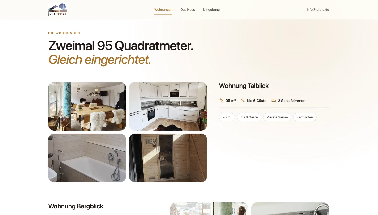 Lufeto: «Zweimal 95 Quadratmeter. Gleich eingerichtet.» mit Fotos der Wohnung Talblick und den Chips Private Sauna und Kaminofen