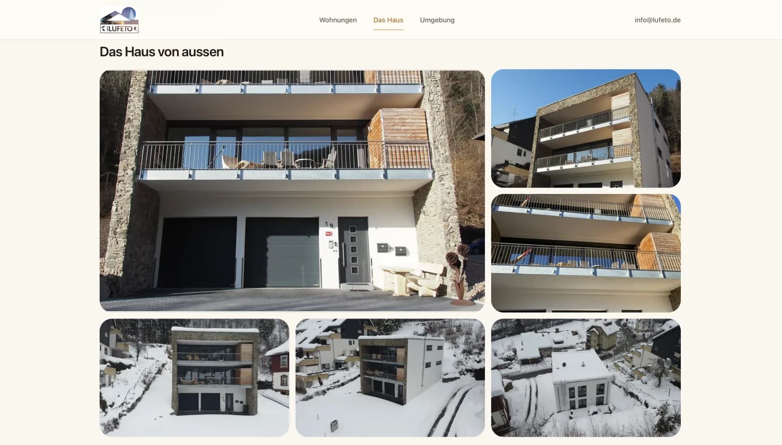Lufeto: Galerie «Das Haus von aussen» mit Aufnahmen im Sommer und im Schnee, auch aus der Luft