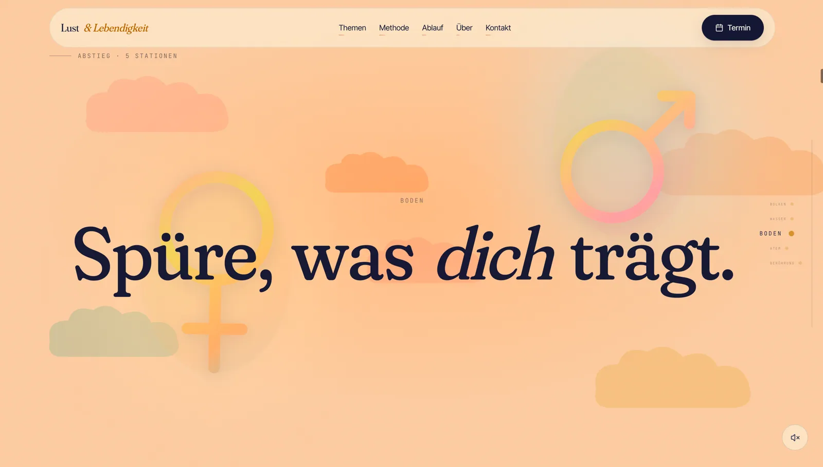 Lust & Lebendigkeit: Station «Boden» der Scroll-Erzählung mit dem Satz «Spüre, was dich trägt.» zwischen Wolken