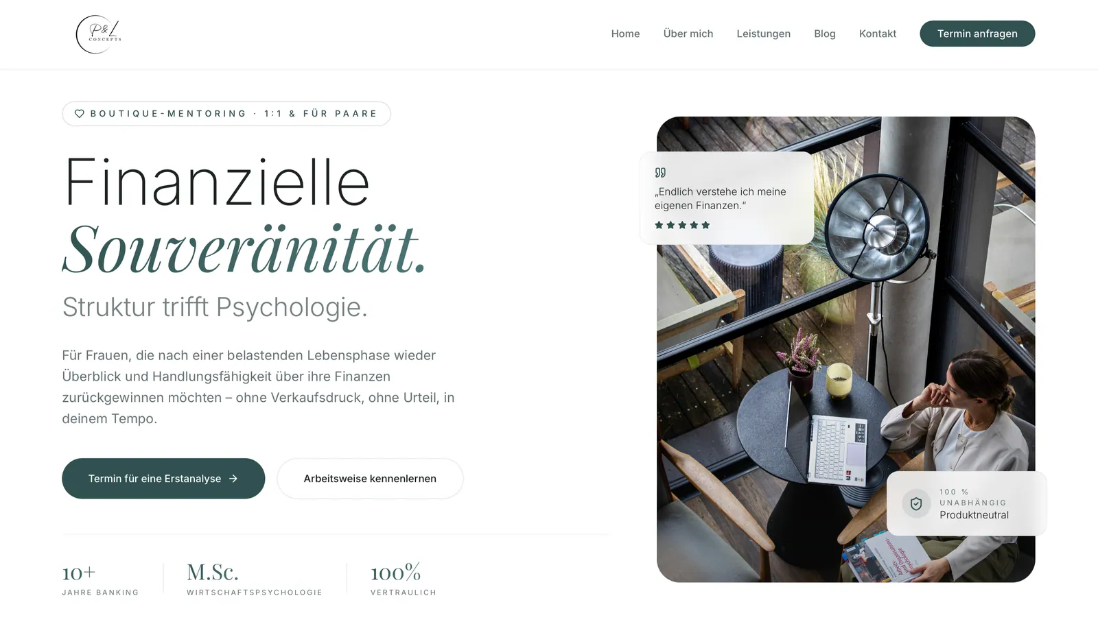 PL Concepts: Mentoring-Seite «Finanzielle Souveränität. Struktur trifft Psychologie.» mit dem Knopf «Termin für eine Erstanalyse»