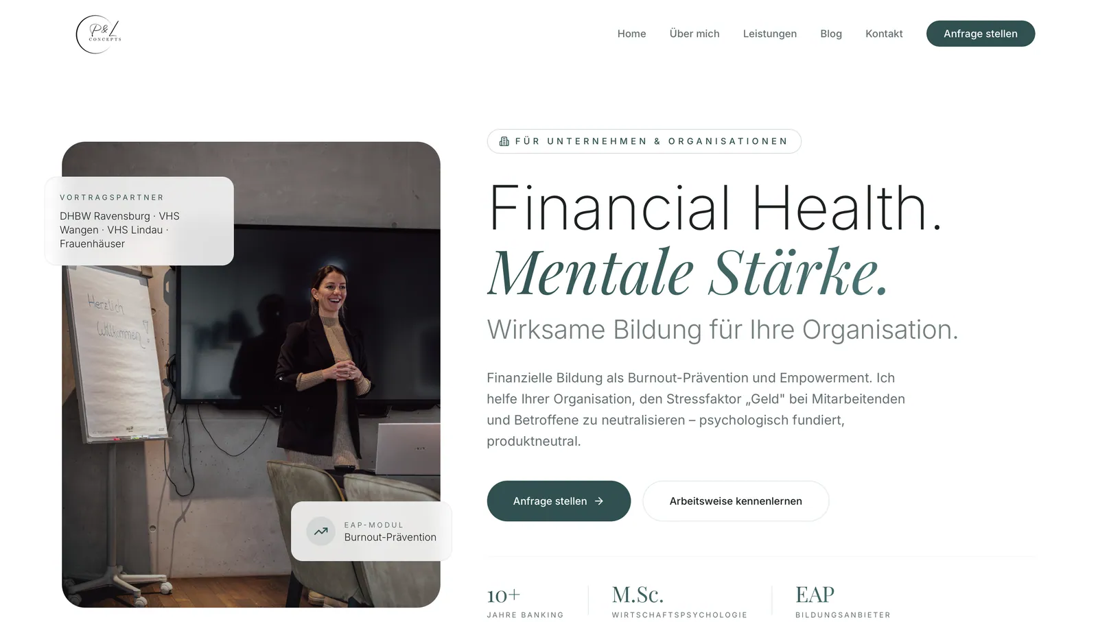 PL Concepts: Seite für Organisationen «Financial Health. Mentale Stärke.» mit den Vortragspartnern DHBW Ravensburg, VHS Wangen, VHS Lindau und Frauenhäuser