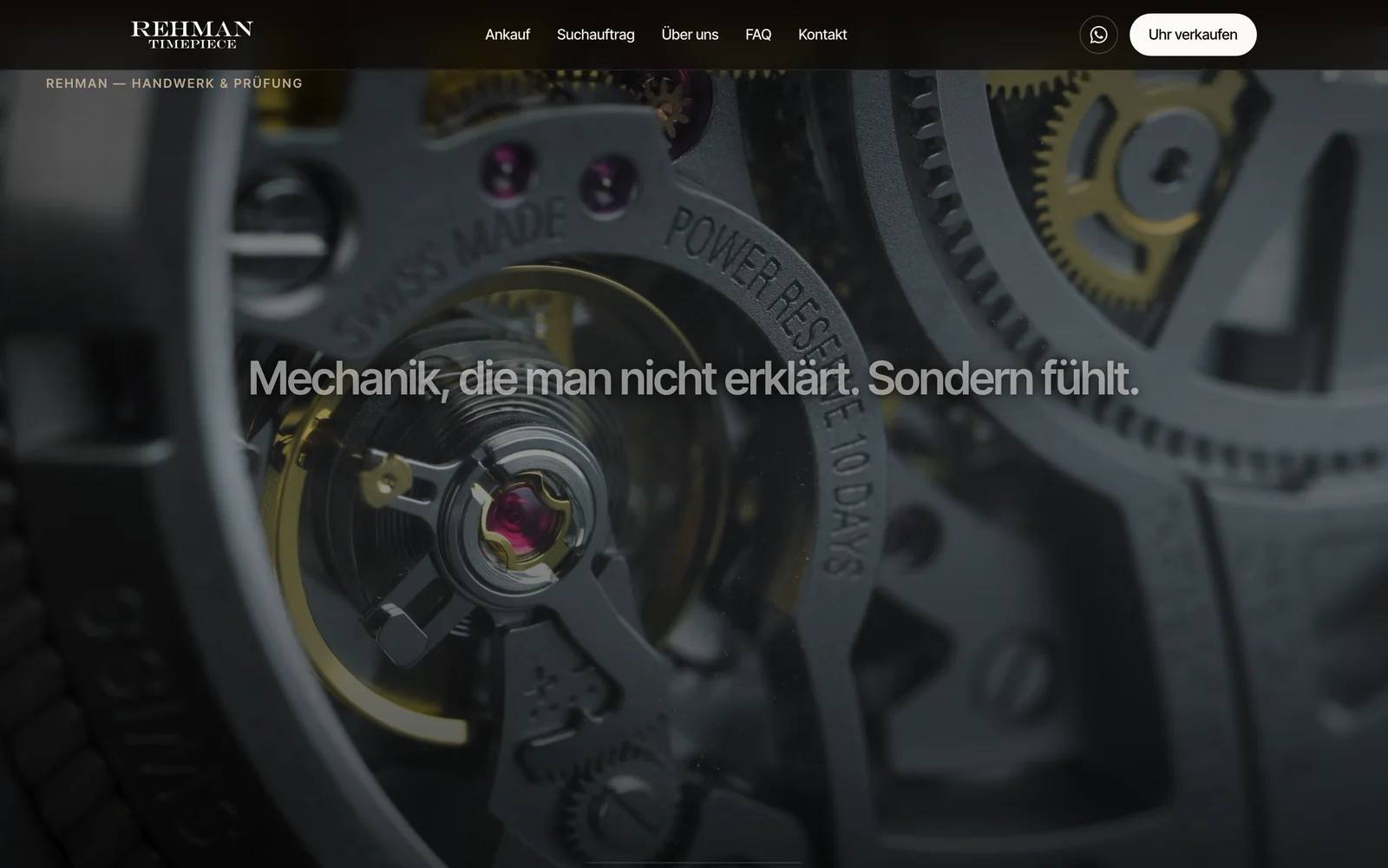 Rehman Timepiece: Film-Sektion mit einem Uhrwerk in Grossaufnahme und dem Satz «Mechanik, die man nicht erklärt. Sondern fühlt.»