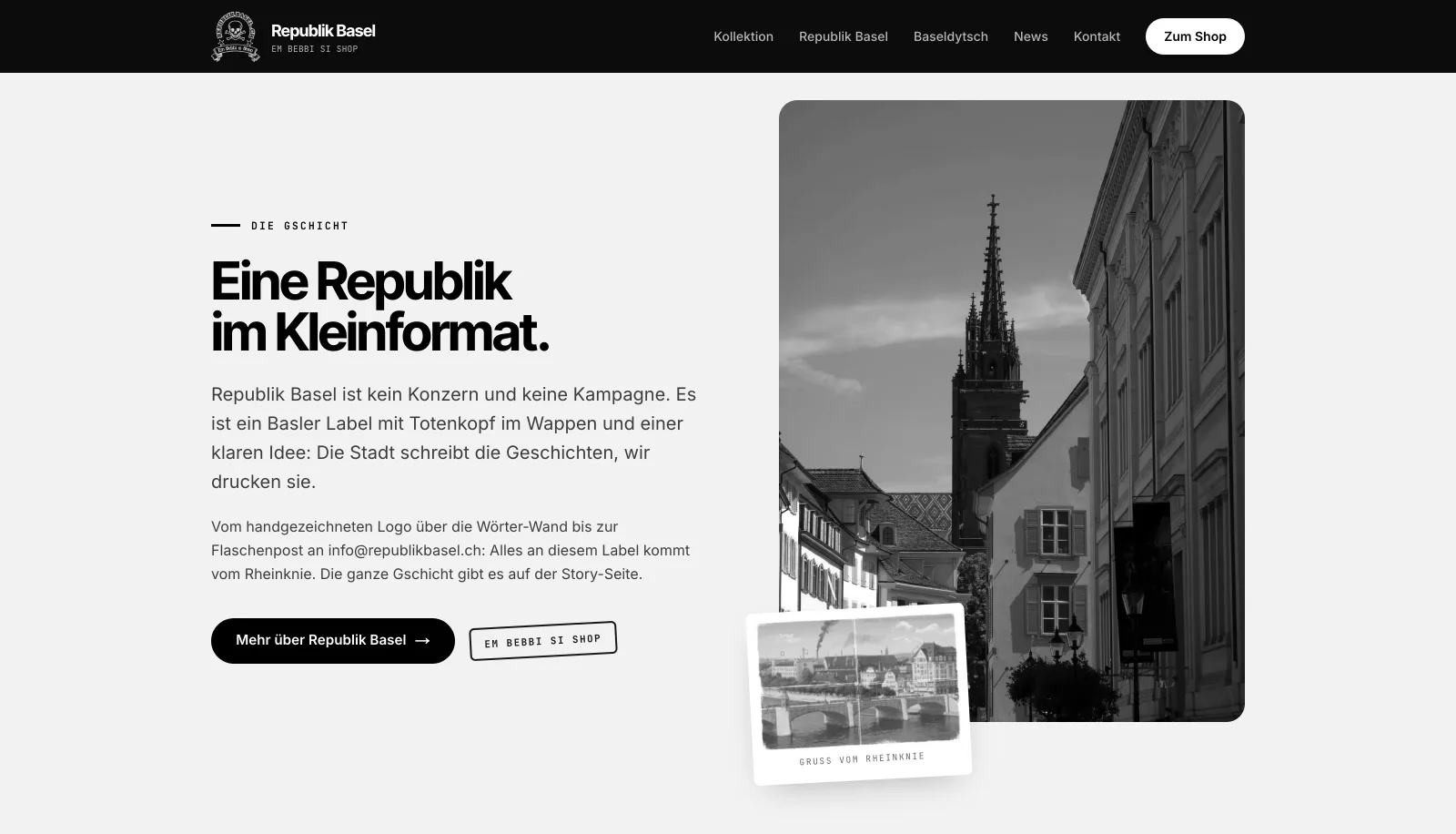 Republik Basel: «Eine Republik im Kleinformat.», die Geschichte des Labels neben einer Basler Altstadtgasse und einer alten Postkarte vom Rheinknie