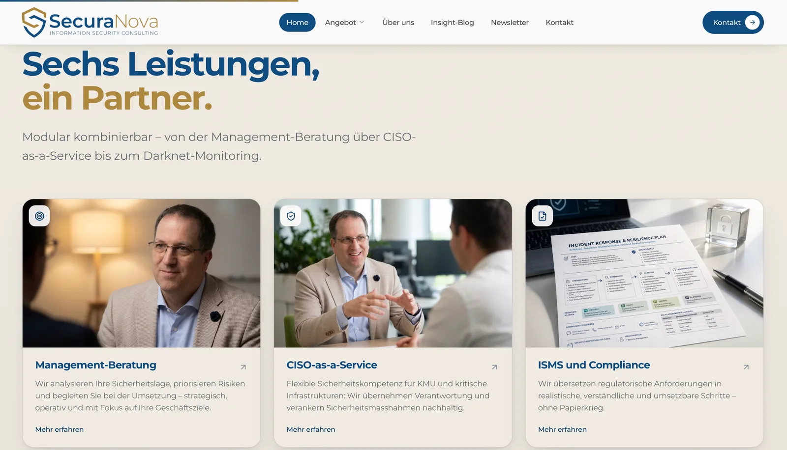 SecuraNova: «Sechs Leistungen, ein Partner.» mit den Karten Management-Beratung, CISO-as-a-Service sowie ISMS und Compliance